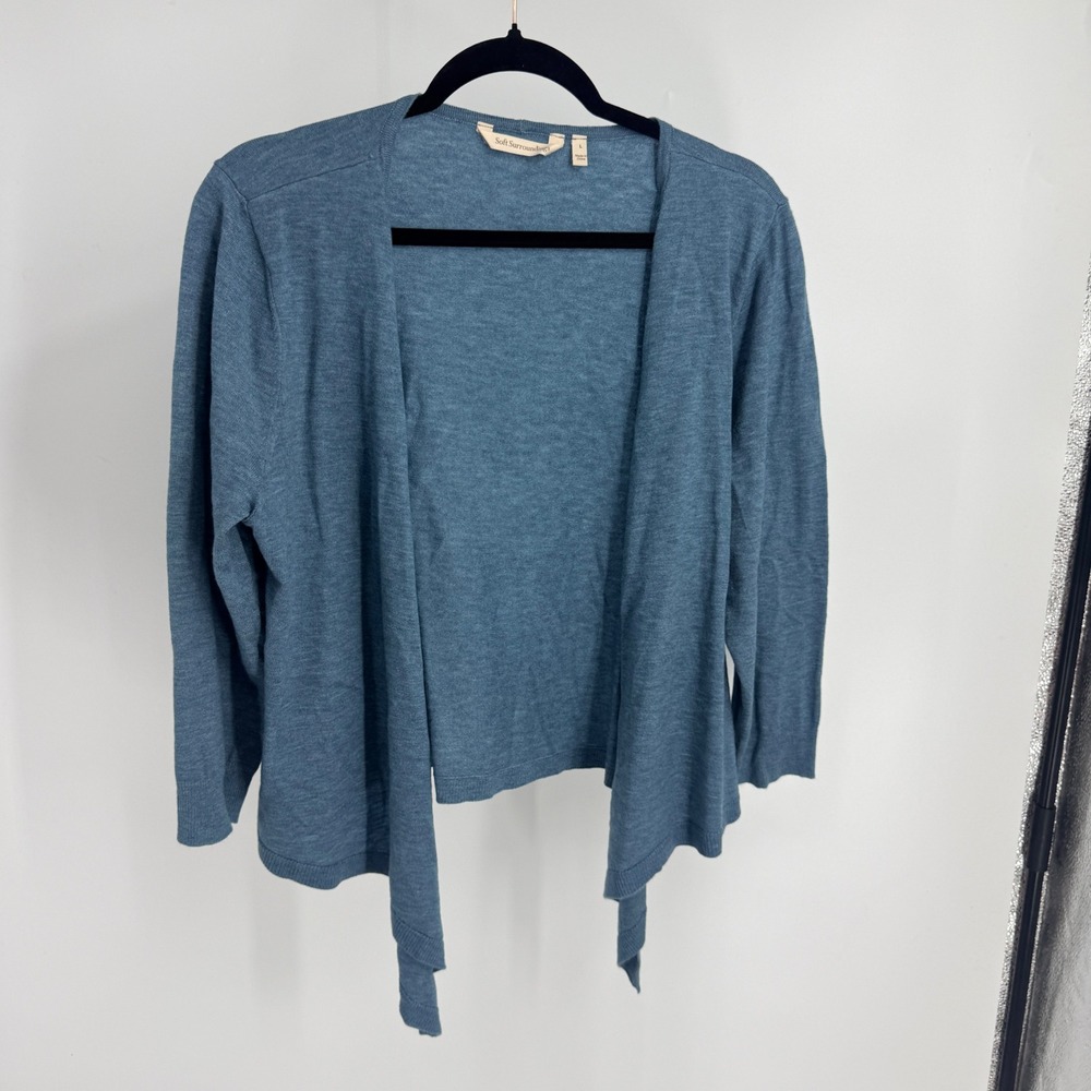 Soft Surroundings Blue Heathered Open Front Draped Cardigan Sweater L Cropped